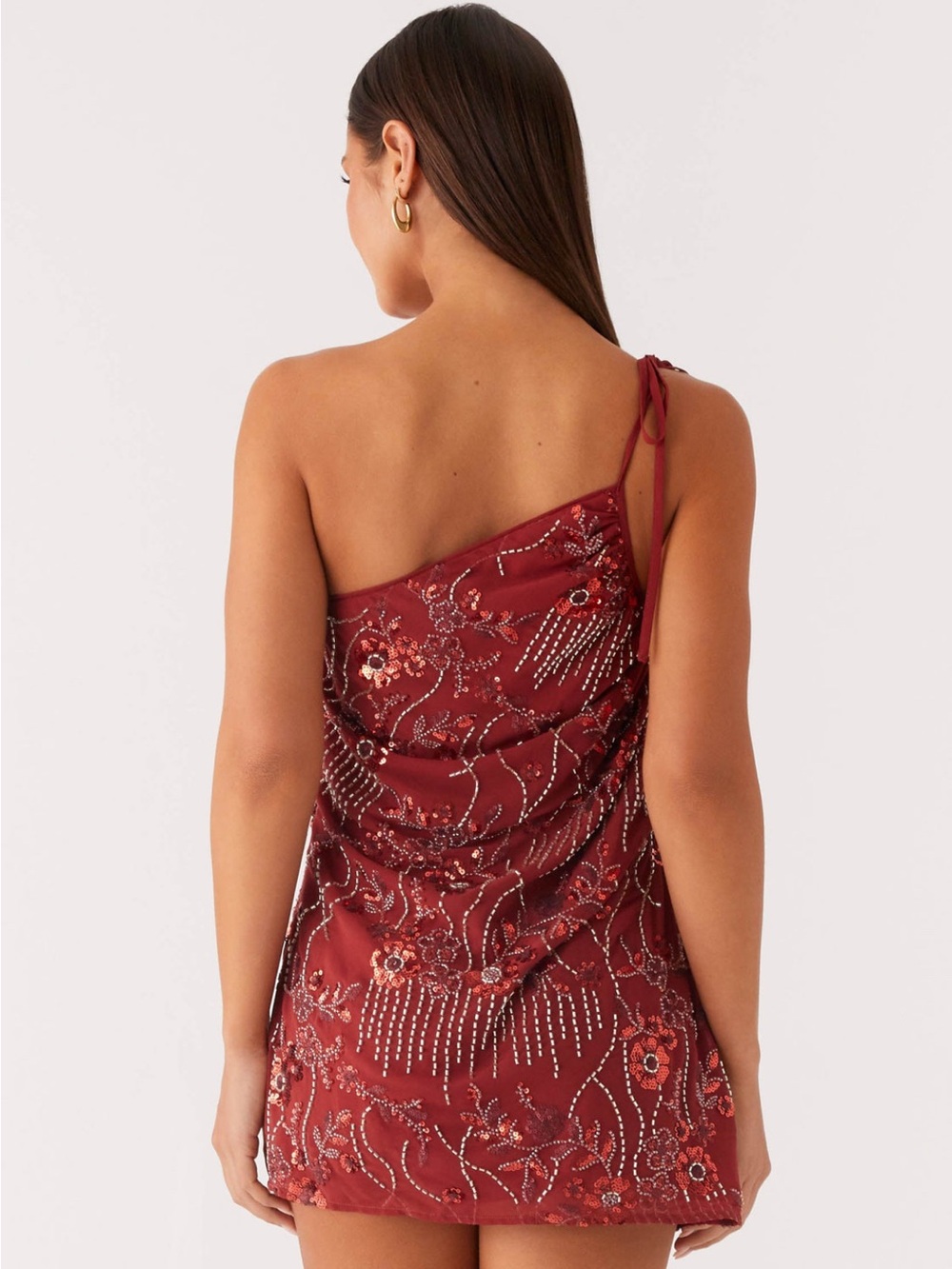 Peppermayo One-Shoulder Beaded Mini Dress in Burgundy - Picture 4 of 6